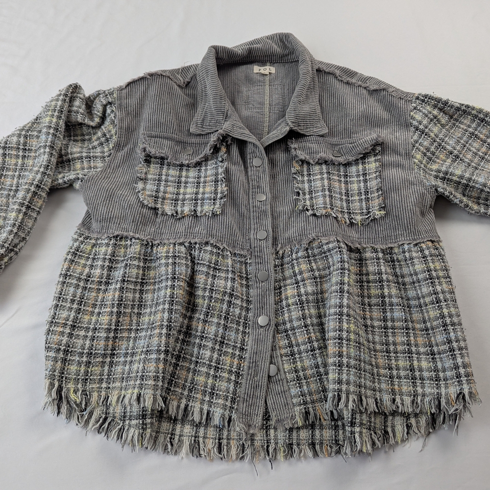 POL Gray Tweed & Corduroy Mixed-Media Bomber Jacket